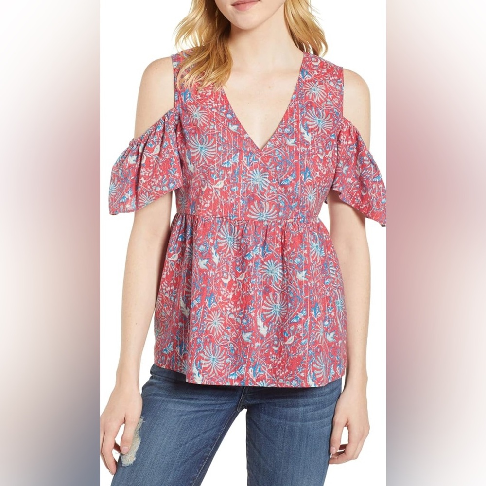 Lucky Brand pink and blue floral print cold-shoulder blouse Size Small